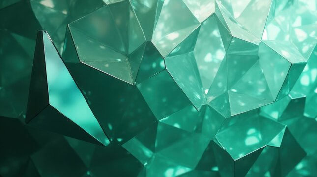 Modernas facetas geom&eacute;tricas de vidrio con reflejos verde esmeralda y plateados, superficies cristalinas angulares