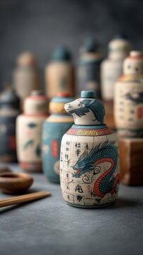 Ceramic dragon decorated jars sit on a grey surface. Soft focus background shows more jars