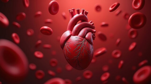 Coraz&oacute;n esquem&aacute;tico rodeado de gl&oacute;bulos rojos, que ilustra la salud cardiovascular, la circulaci&oacute;n de ox&iacute;geno y la importancia de un sistema circulatorio saludable