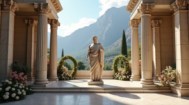 Estatua del dios griego Zeus situada en un antiguo santuario de m&aacute;rmol durante una celebraci&oacute;n ceremonial