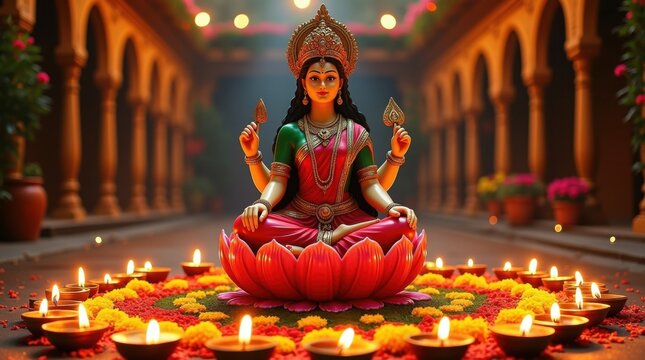 Estatua de la diosa hind&uacute; Lakshmi sentada sobre una flor de loto durante Diwali, rodeada de cientos de diyas