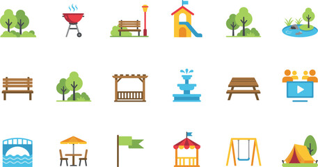 Fototapeta premium City park flat icons set with playground slide barbecue grill wooden bench fountain bridge tent and garden landscape elements vector