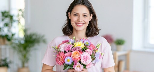 Naklejka premium In a bright, cheerful environment, a happy woman holds a colorful flower bouquet celebrating Women's Day and empowerment.