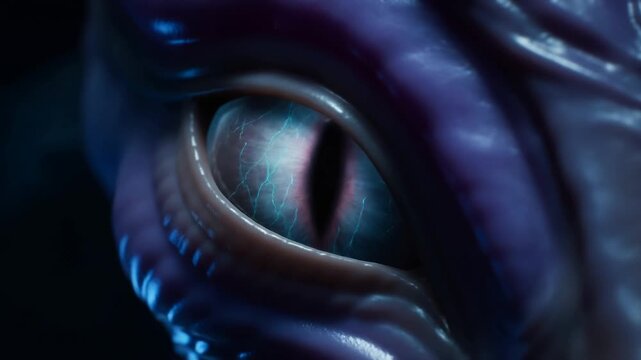 Alien creature with large blue eye and sharp teeth in dark futuristic lighting