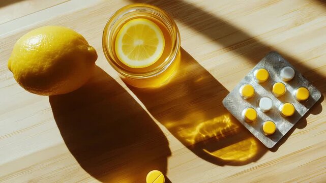 Lemons and vitamin tablets are shown on a wooden surface in a kitchen while sunlight casts shadows in the midday