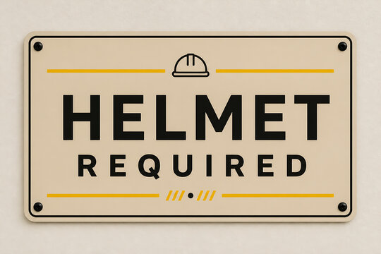 A rectangular sign with a hard hat icon and the text HELMET REQUIRED is displayed against a plain background.