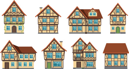 Fototapeta premium European half timbered house vector set with traditional medieval building icons isolated on white background for architecture design