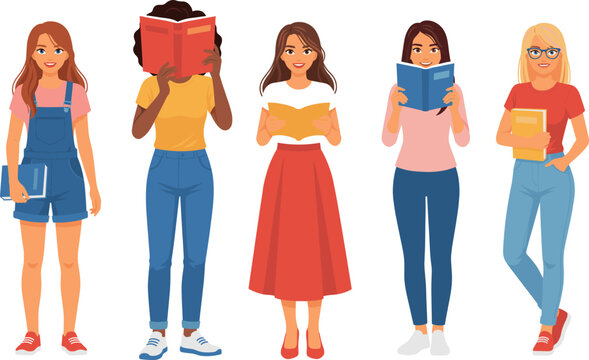 Group of diverse young student women reading books isolated on white background flat vector illustration set