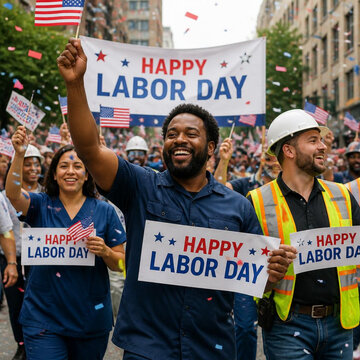 Diverse group happy workers celebrating labor day together holding signs with american flags and colorful confetti falling during outdoor public parade.