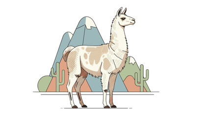 Naklejka premium Andean llama standing proud in a desert landscape with mountains and green saguaro cacti in a vector graphic.