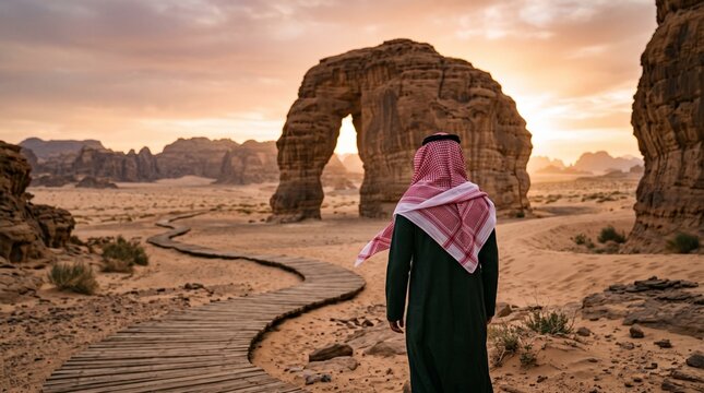Saudi man wearing traditional thobe and shemagh walking along wooden boardwalk towards massive elephant rock formation