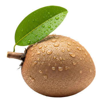 Fresh sapodilla fruit with green leaves on a transparent background