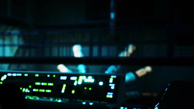 Control room shows a display with lights and buttons. Two figures lie on a bed in the background. The setting appears dark and mysterious, with blue hues evident in the light.