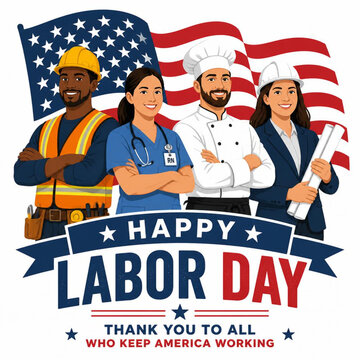 Happy Labor Day illustration showcasing diverse professionals in uniform standing together proudly in front of a waving American flag.