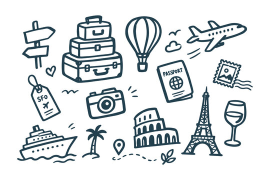  Travel and Vacation Hand Drawn Doodle Set