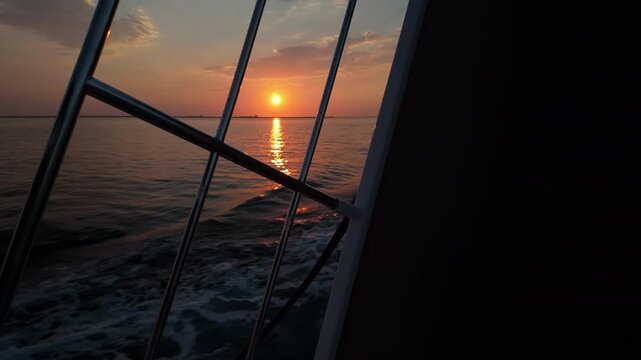 Sunset over a calm sea viewed from a boat, with warm orange light reflecting across the water and dark railings framing the scene. Steady shot.