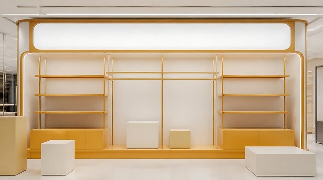 Modern retail store interior with minimalist design and illuminated signage.