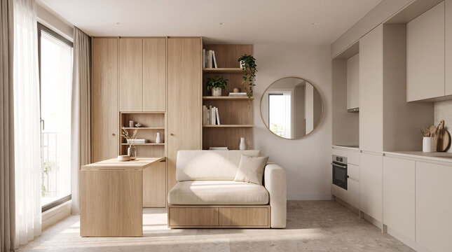 Modern compact apartment interior with multifunctional furniture, built in storage, neutral decor, wooden finishes, and efficient small space design solutions
