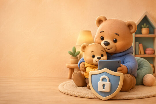 Cute chibi bear family learning about child online safety