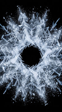 Ice crystals and frost shards exploding in circular frame with dark center on black background, frozen winter concept