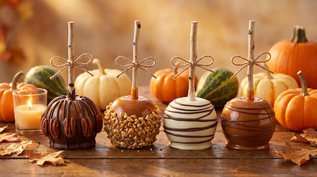 Caramel apples with pecan and nut coatings rest on a rustic wooden table amidst autumn gourds candied treats fall desserts
