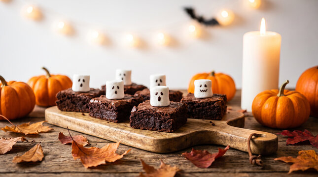 Chocolate brownies decorated with ghost shaped marshmallows and pumpkins are arranged for a halloween dessert display autumn fall seasonal treats bakedgoods