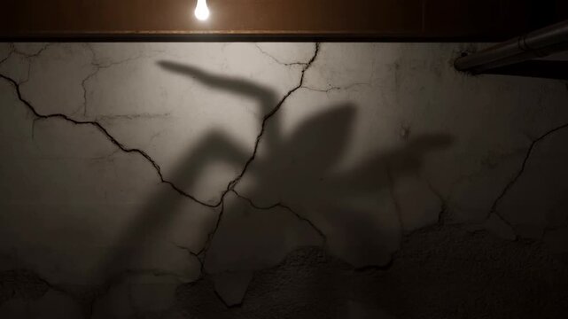 Cracked Plaster Wall Beneath Exposed Light Bulb in Dark, Deteriorating Interior