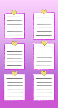 Six white lined notepads arranged in two columns of three on a lavender to purple gradient background. ideal for romantic, planner, stationery, or love themed design contexts.