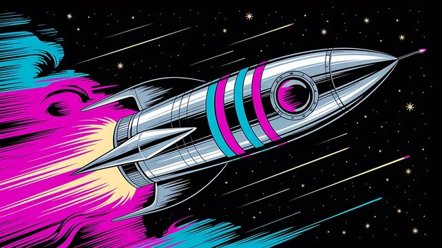 Futuristic rocket flying through space with colorful neon trails