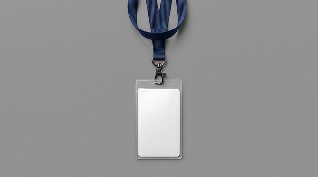 Blank id badge with blue lanyard on gray background