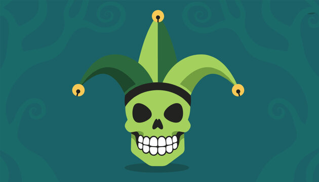 Spooky green skull wearing a traditional jester hat with small bells on a dark green forest backdrop.