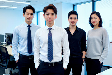 Obraz premium Portrait of Asian young adult business team standing in office and looking at camera, presenting confidence and teamwork. Ideal for corporate recruitment, leadership, workplace branding
