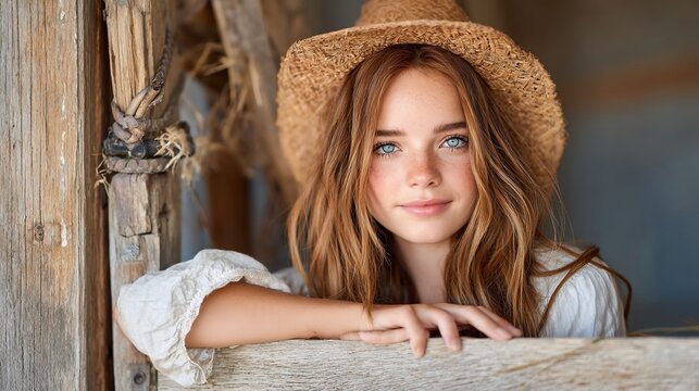 Young girl with captivating blue eyes, straw hat, & long wavy hair poses by a rustic wooden fence