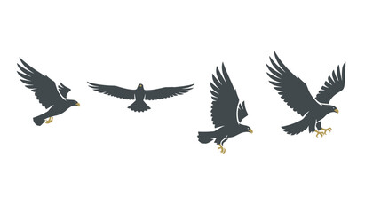Fototapeta premium Sleek dark silhouettes of predatory eagles showcasing different majestic stages of flight against a clean white background.