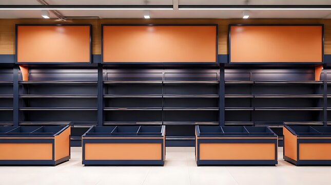 Empty supermarket shelves and checkout counters with orange accents.