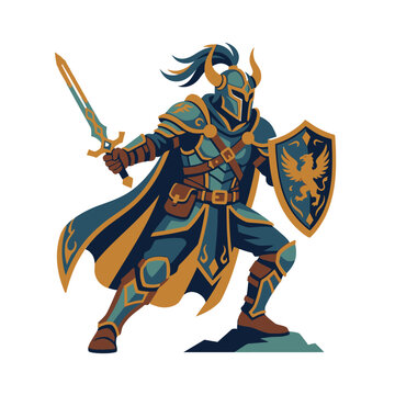 Fantasy warrior with sword and eagle shield on rock.