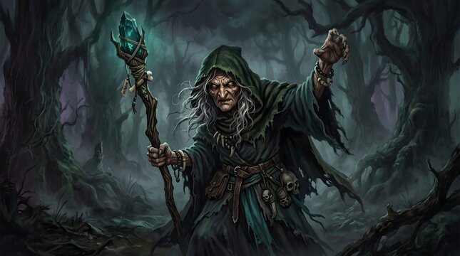A mysterious old witch holding a glowing magic staff standing in a dark and foggy enchanted forest