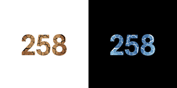 Textured number 258 typography in brown and blue colors.