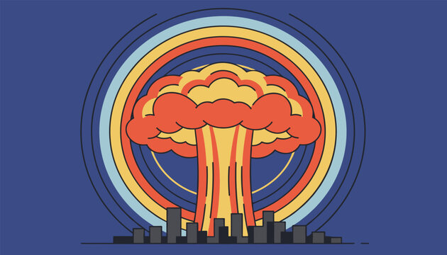 Powerful nuclear explosion with a massive red and yellow mushroom cloud rising above a dark city skyline.
