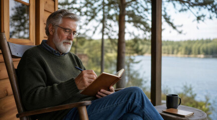 Fototapeta premium Senior Man Writing in Journal on Cabin Porch by Lake