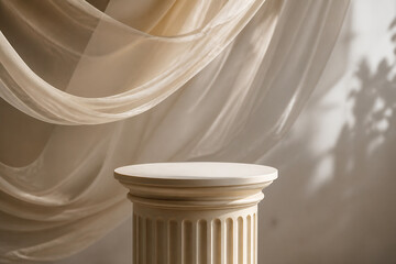 Fototapeta premium A round pedestal stands in front of draped, flowing beige curtains indoors.
