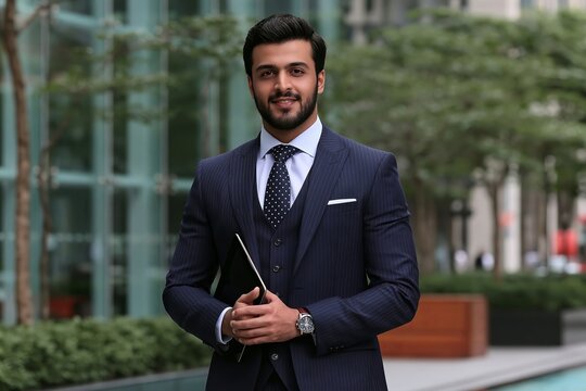 Confident young businessman in a navy blue three-piece suit standing outside a modern office building