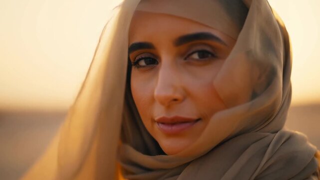 Woman in Headscarf Looks Toward Camera in Desert Landscape at Golden Sunset