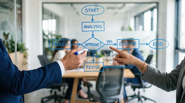 Business colleagues drawing and discussing a workflow process flowchart with start, analysis, approve, execute steps on a glass wall in a modern meeting room