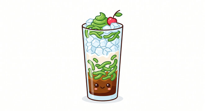 Cute kawaii 2D cartoon illustration of Indonesian iced cendol dessert in a glass generative AI