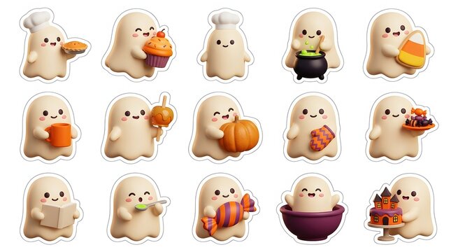 Collection of cute little ghost characters for a fun and festive halloween 3d graphic design project