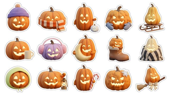 Collection of various halloween 3d jack o lantern pumpkins with different accessories on white background