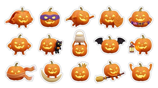 Collection of cute halloween 3d pumpkin characters with various expressions isolated on white background