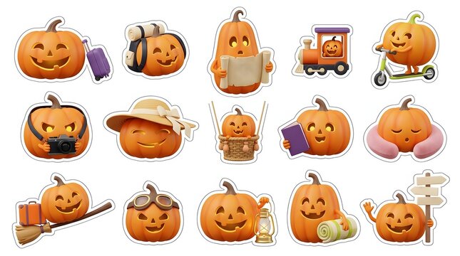 Set of cute cartoon halloween 3d pumpkin characters with various accessories isolated on white background