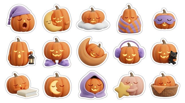Set of cute halloween 3d pumpkin characters with various expressions and accessories for festive design projects